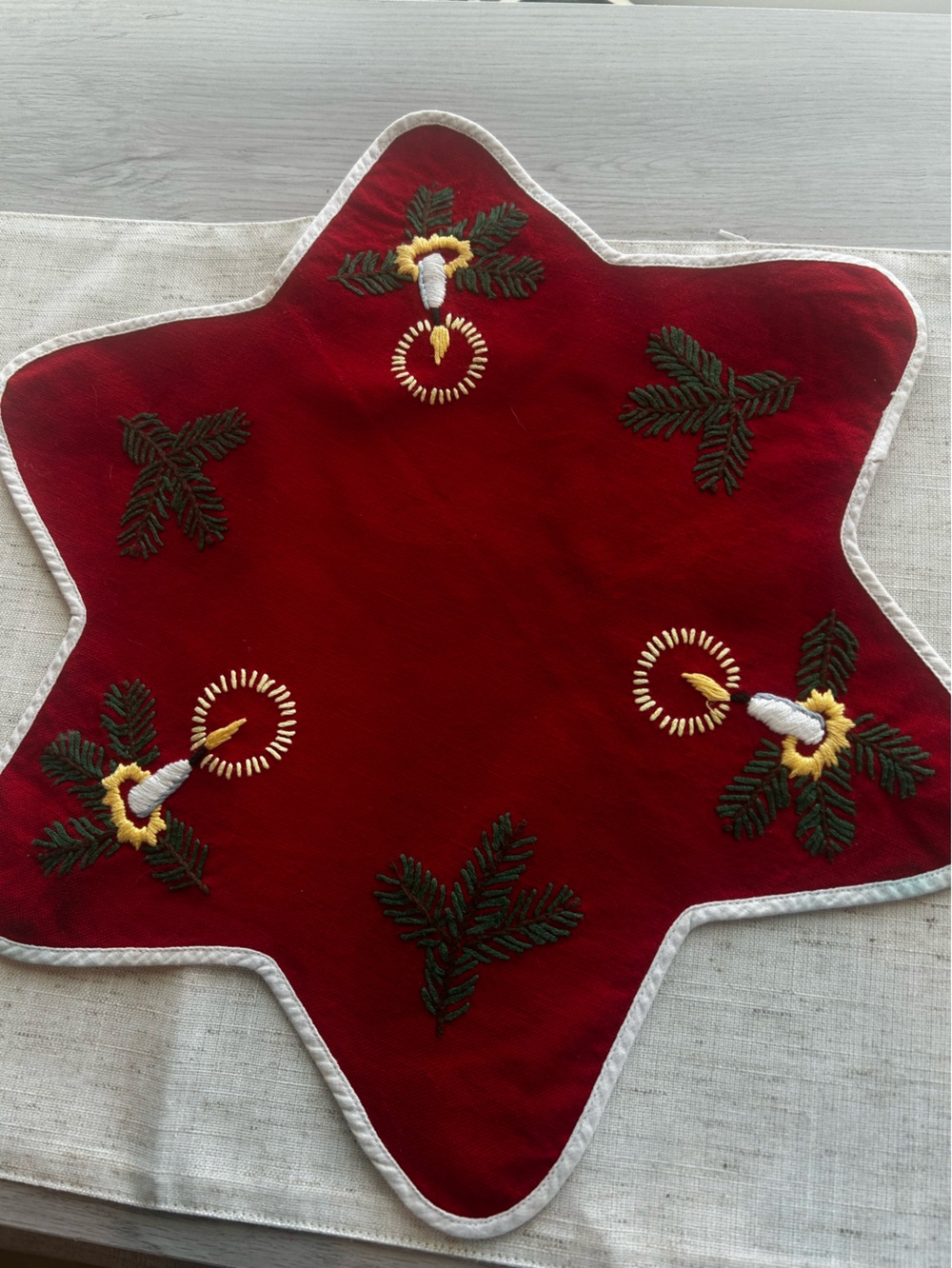 Embroidered Red Star Holiday Table Accent with Candle Motifs